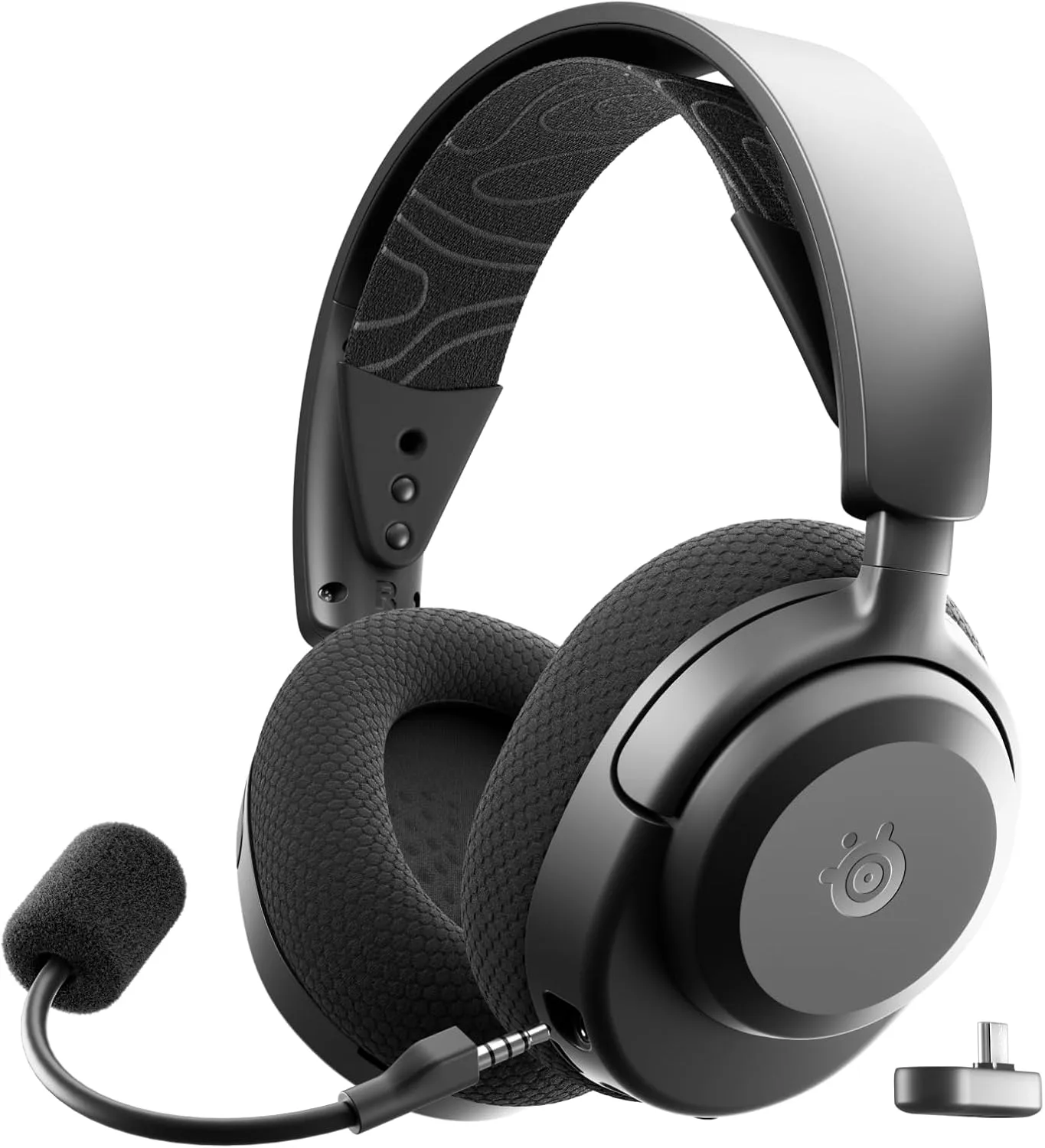 Casque SteelSeries Arctis Nova 3 Wireless noir avec bandeau en tissu, microphone détaché et adaptateur USB-C sur fond blanc.